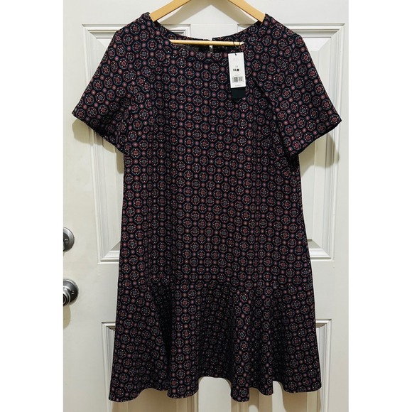 Banana Republic Womens ALine Dress Geometric Print Short Sleeve Size 14 Navy Red - Picture 2 of 4